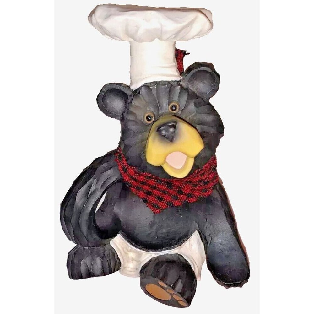 Chef Black Bear Wine Bottle Holder Hat Apron Buffalo Fabric Red Black Scarf 8-in